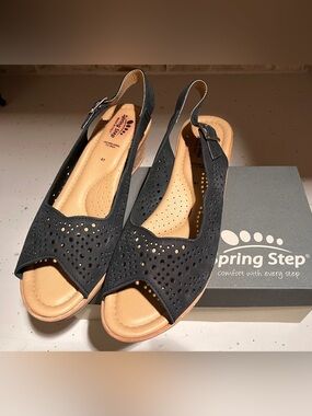Spring Step Trikala Black Suede Sling Back Open Toe Wedge Sandals